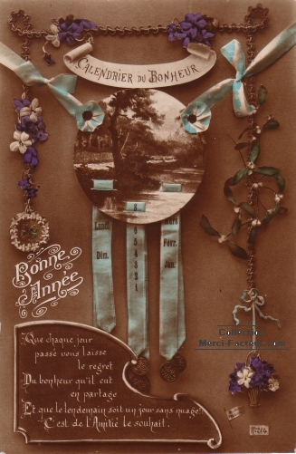 Carte de voeux ancienne avec calendrier du bonheur