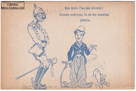 Carte postale ancienne avec dessin de Charlot (Charly Chaplin) et Bismark