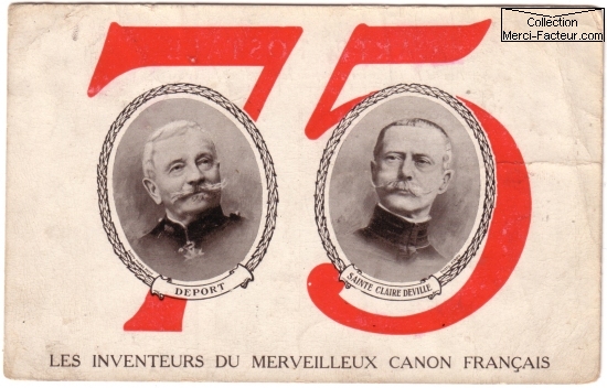 Carte postale de la guerre 14 18 sur les inventeurs du canon de 75 mm
