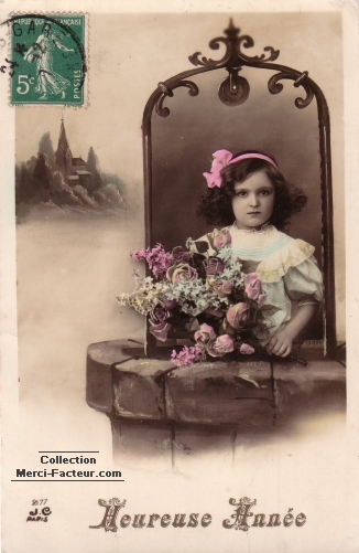 Carte de voeux ancienne avec jeune fille dans un puit avec des fleurs