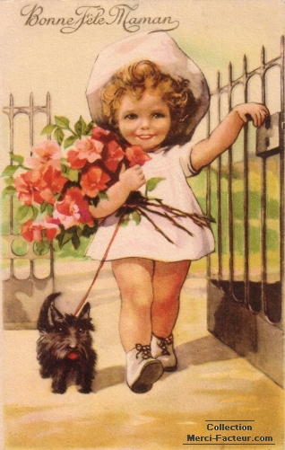 Pour la fete des meres un bouquet et un petit chien
