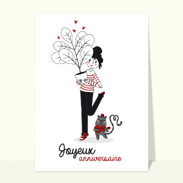 Joyeux anniversaire avec plante et chat amusant