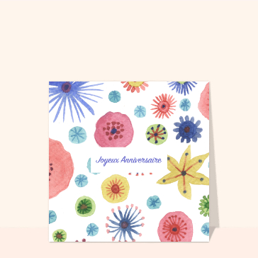 Carte Joyeux anniversaire et fleurs graphiques aquarelle
