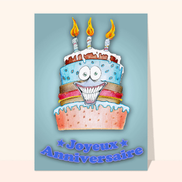 Carte gateau d'anniversaire : Gâteau bleu d'anniversaire souriant