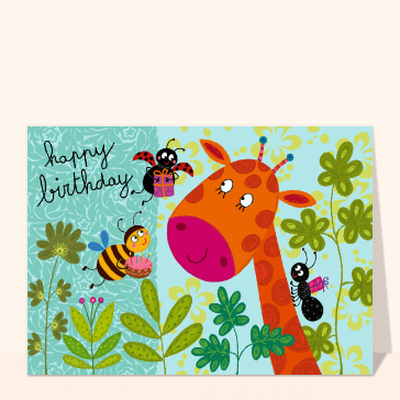 Carte joyeux anniversaire en plusieurs langues : Happy birthday la girafe