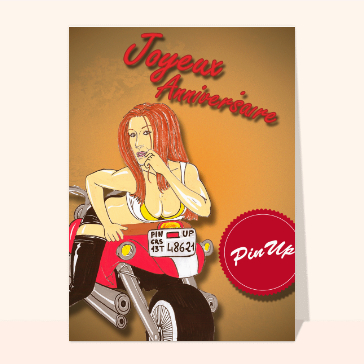 Carte anniversaire pin-up : Pin-up joyeux anniversaire sur sa moto