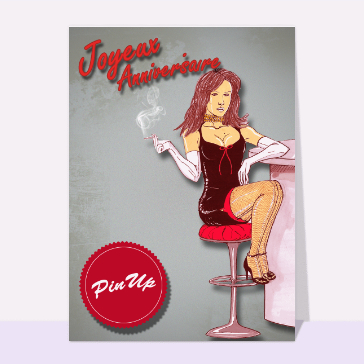 Pin-up joyeux anniversaire accoudée à un bar