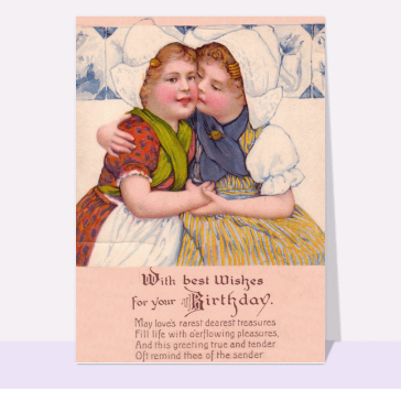 Carte d'anniversaire ancienne en anglais : With best wishes avec deux fillettes