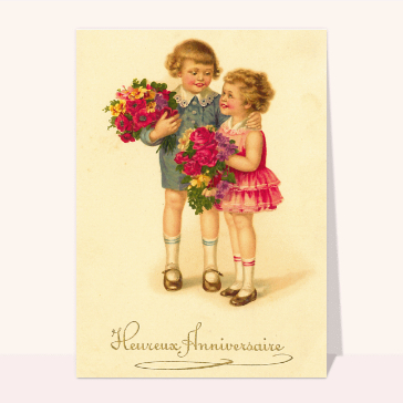 carte anniversaire ancienne : Heureux anniversaire de deux enfants souriants