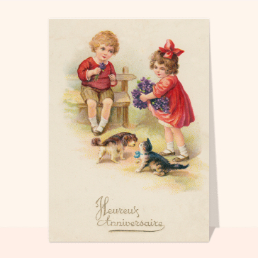 Les enfants et leurs animaux cartes anniversaire anciennes