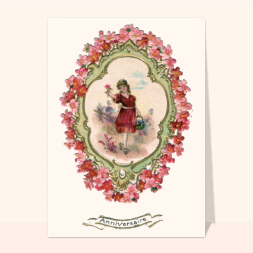Jeune fille entourée de fleurs d'anniversaire cartes anniversaire anciennes