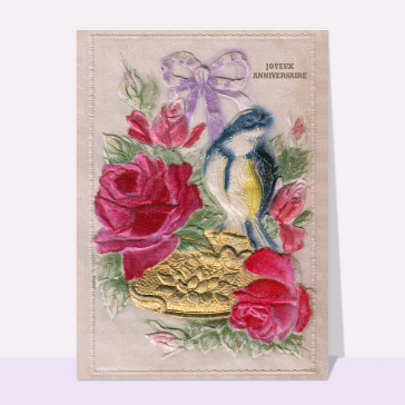 Des roses et un moineau brodés cartes anniversaire anciennes