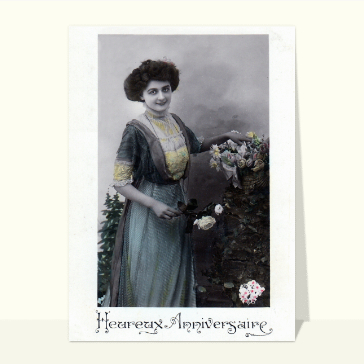 Heureux anniversaire et dame au bouquet cartes anniversaire anciennes