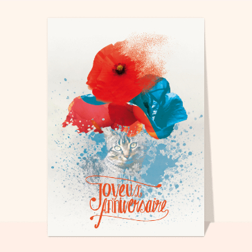 Joyeux anniversaire avec un chat et des fleurs