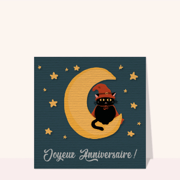 Carte Joyeux anniversaire chat noir sur une lune