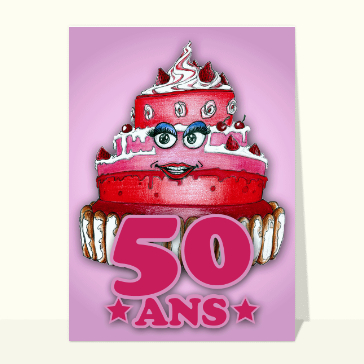 Carte anniversaire 50 ans : Un gros gâteau rose pour les 50 ans