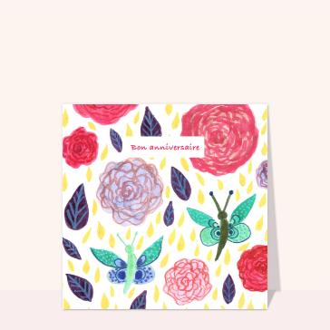 Carte Bon anniversaire fleurs et papillons