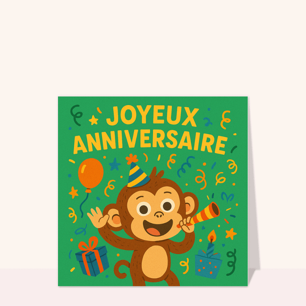 Joyeux anniversaire avec un singe festif - Carte anniversaire enfant