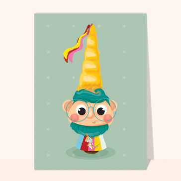 Carte anniversaire enfant : Petit nain et son chapeau licorne