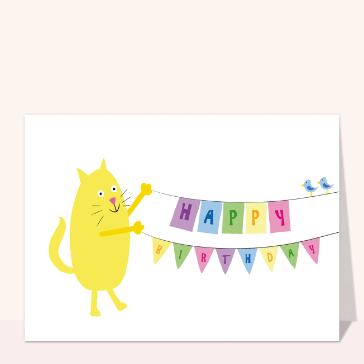 Carte anniversaire enfant : Le chat et sa banderole Happy birthday