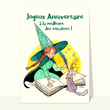 Carte anniversaire enfant : Joyeux anniversaire petite sorcière verte