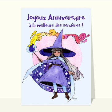 Carte anniversaire enfant : Joyeux anniversaire petite sorcière violette