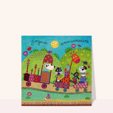 Carte Joyeux anniversaire le train des animaux