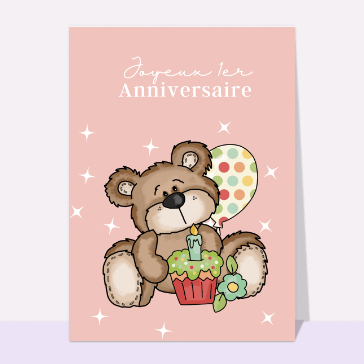 Carte Joyeux anniversaire nounours et gâteau