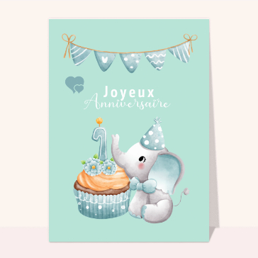 Carte Joyeux anniversaire petit éléphant 1 an
