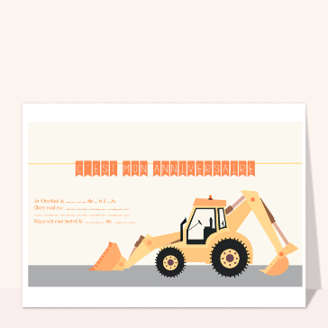 Carte Invitation d`anniversaire avec un tractopelle