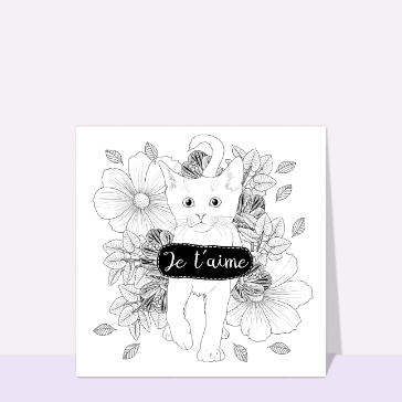 Carte Je t`aime petit chat à colorier