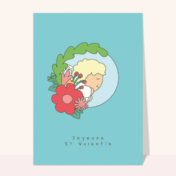 Carte Saint-Valentin mignonne : Cupidon sur fond bleu
