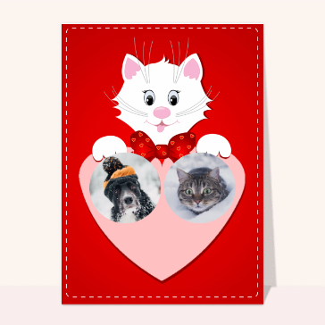 Carte Saint Valentin personnalisée : Gros coeur et petit chat blanc