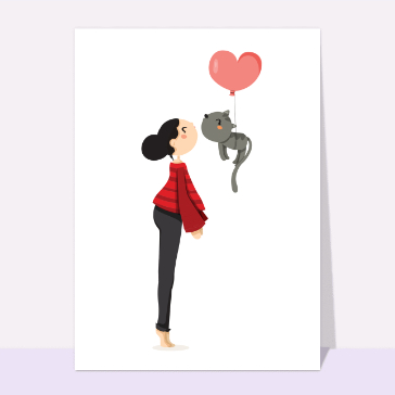 carte saint valentin : Petit chat suspendu à un joli ballon coeur