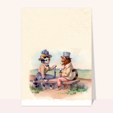 Carte ancienne Saint Valentin : Couple de chats sur un banc