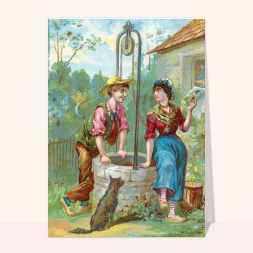 Carte ancienne Saint Valentin : Conter fleurette assis sur un puits