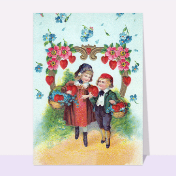 Carte ancienne Saint Valentin : Les enfants sous les fleurs