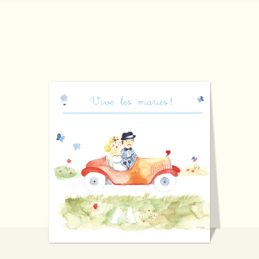 Vive les mariés et petite voiture à l`aquarelle