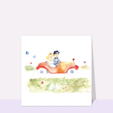 Jeunes mariés en voiture à l`aquarelle
