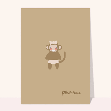 Carte félicitations naissance fille : Petit singe et noeud rose