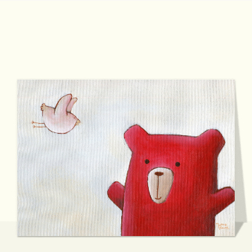 Carte de félicitations pour une naissance : Petit ours rouge et son oiseau