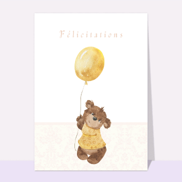 Carte Félicitations naissance petit ourson jaune