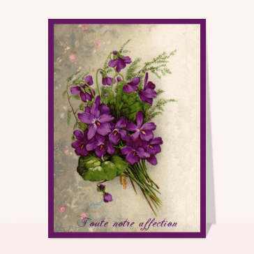 Carte condoléances ancienne : Condoléances ancienne et fleurs violettes
