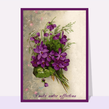 Carte condoléances ancienne : Condoléances ancienne et fleurs violettes