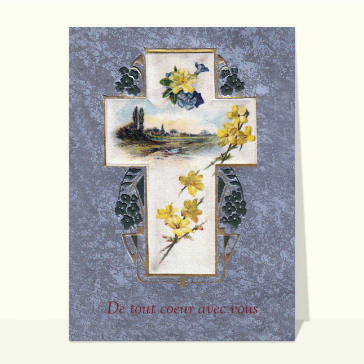 Carte condoléances ancienne : Condoléances et paysage dans une croix