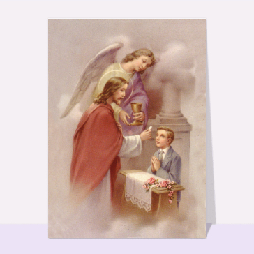 Carte première communion : Le seigneur et un jeune communiant