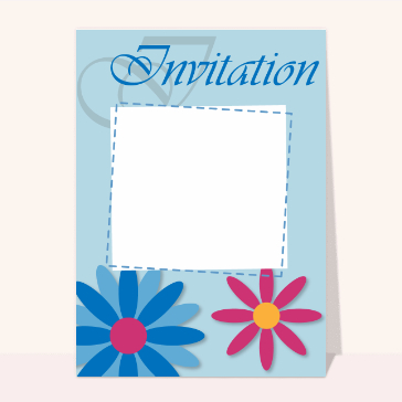 carte de baptême : Invitation baptême bleu avec des fleurs