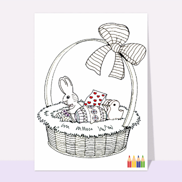 Carte de Pâques : Panier et oeufs de pâques à colorier