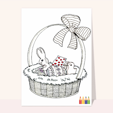 Carte de Pâques : Panier et oeufs de pâques à colorier