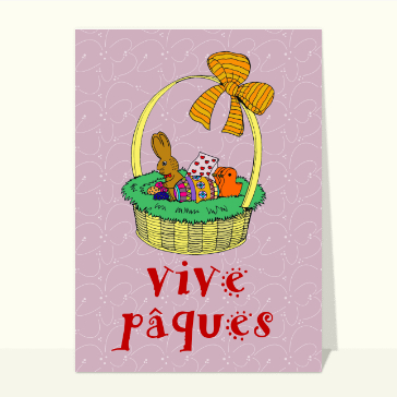Carte de Pâques : Vive Pâques avec un panier et oeufs de pâques